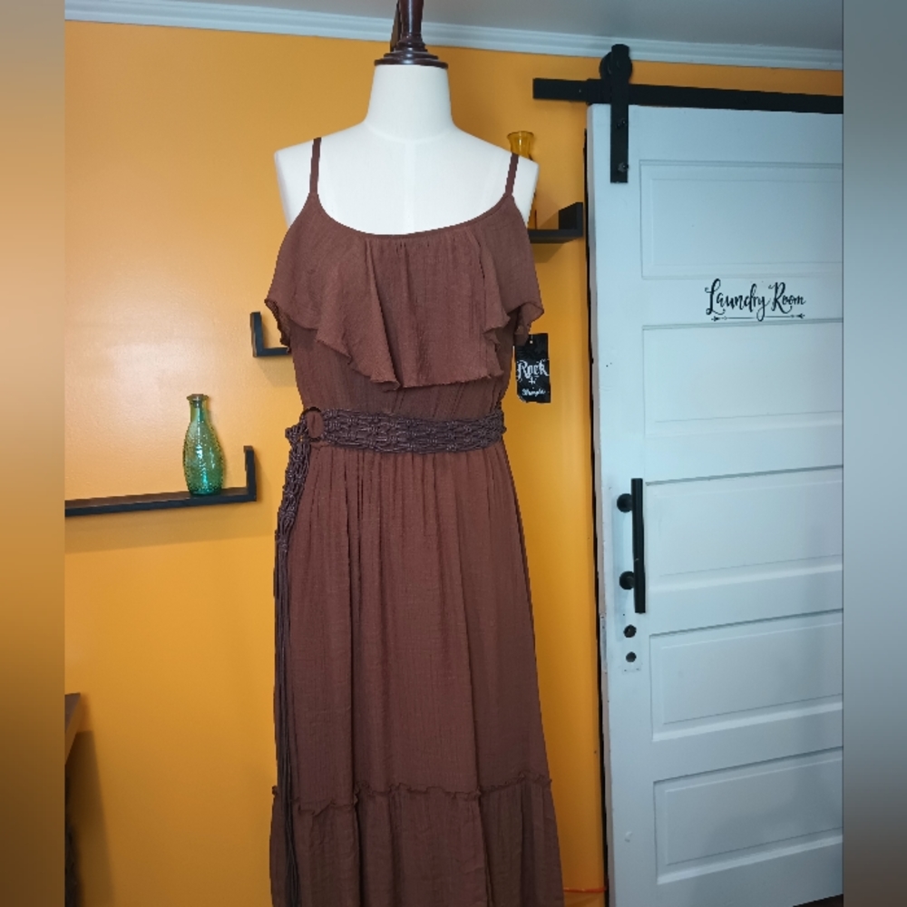Rack 47 By Wrangler Brown Belted  Spaghetti Strap Ruffle Dress Size XL - Picture 2 of 16